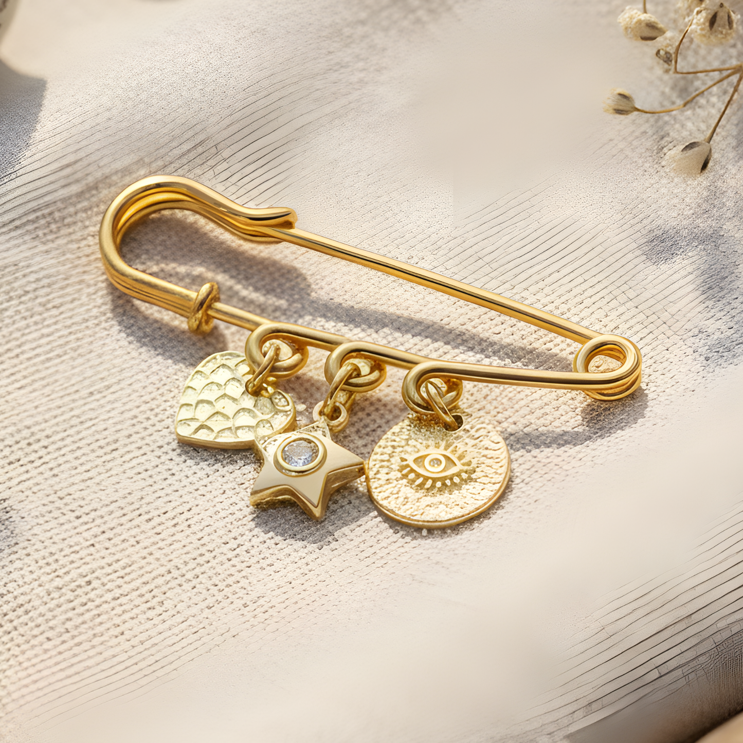 Gold Plated Amulet Safety Pin Charm