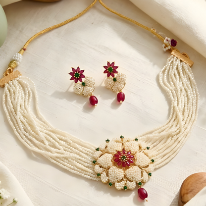Traditional Rajwadi Pearl Choker Necklace Set