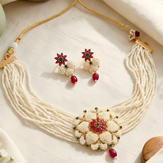 Traditional Rajwadi Pearl Choker Necklace Set