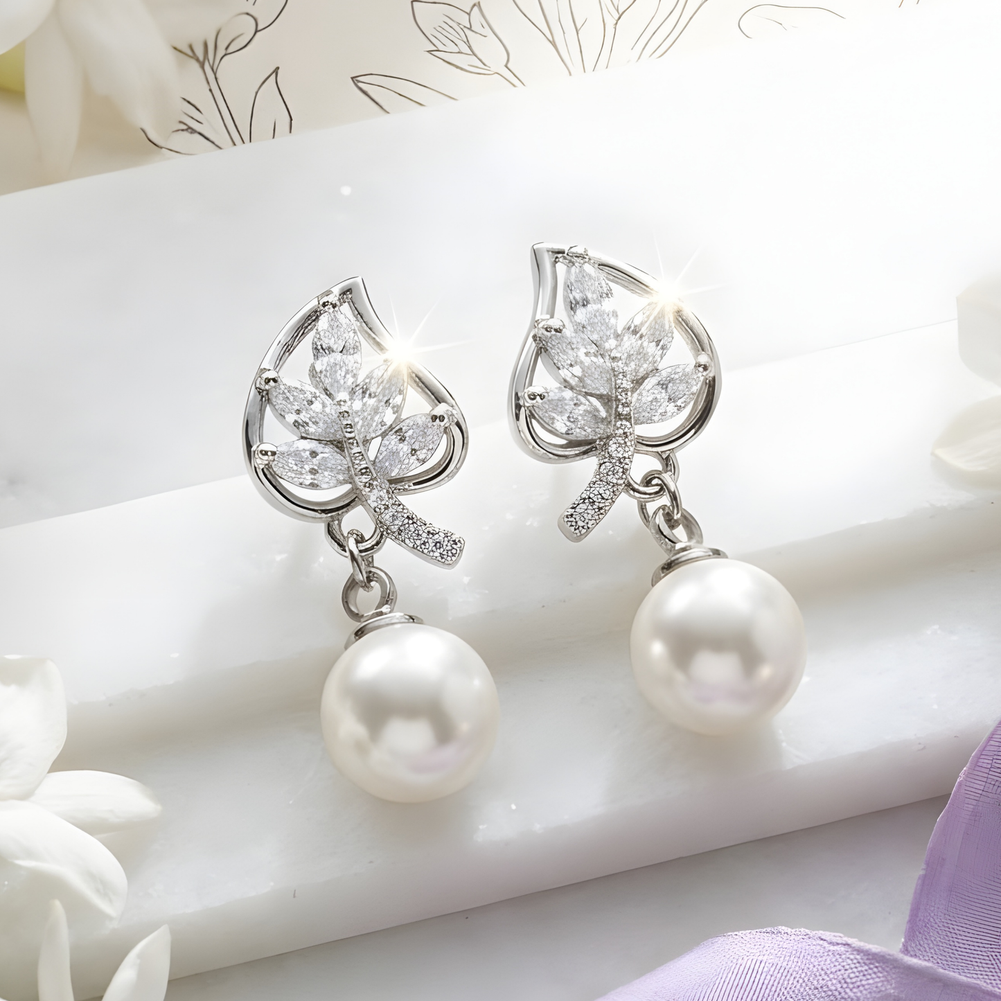 Pearl Bloom Leaf Drop Earrings