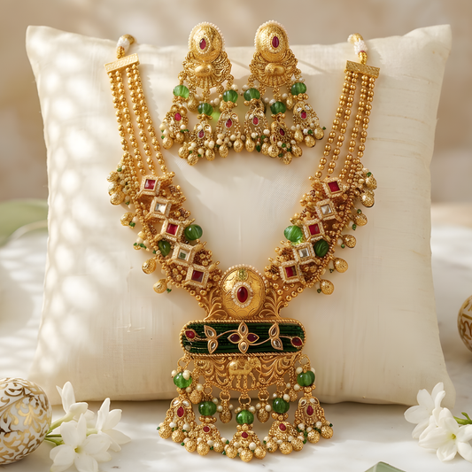 Rajwadi Kundan Polki Long Necklace Set