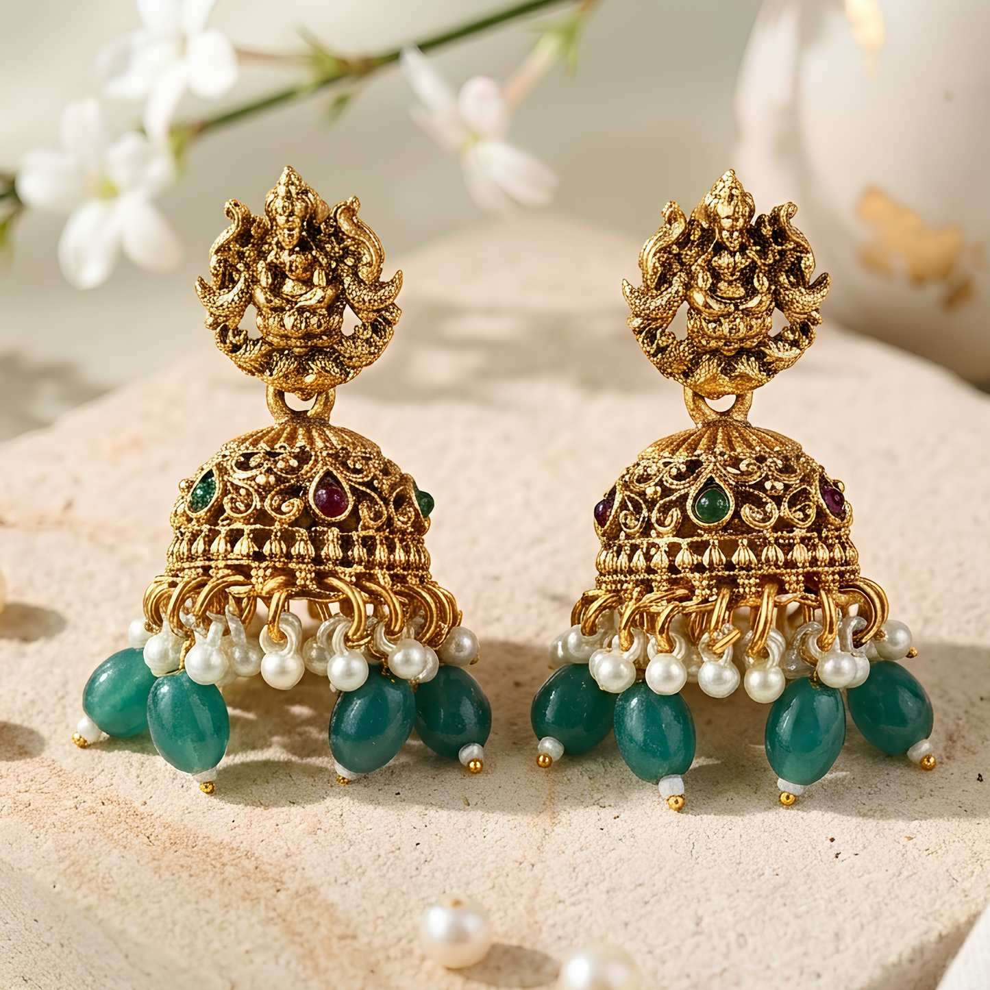 Temple Lakshmi Green Beaded Pendant Necklace Set