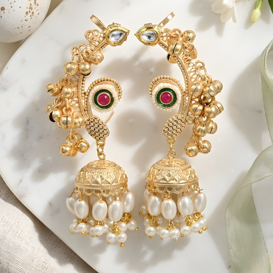 Temple Jhumka Earrings with Pearl Drops