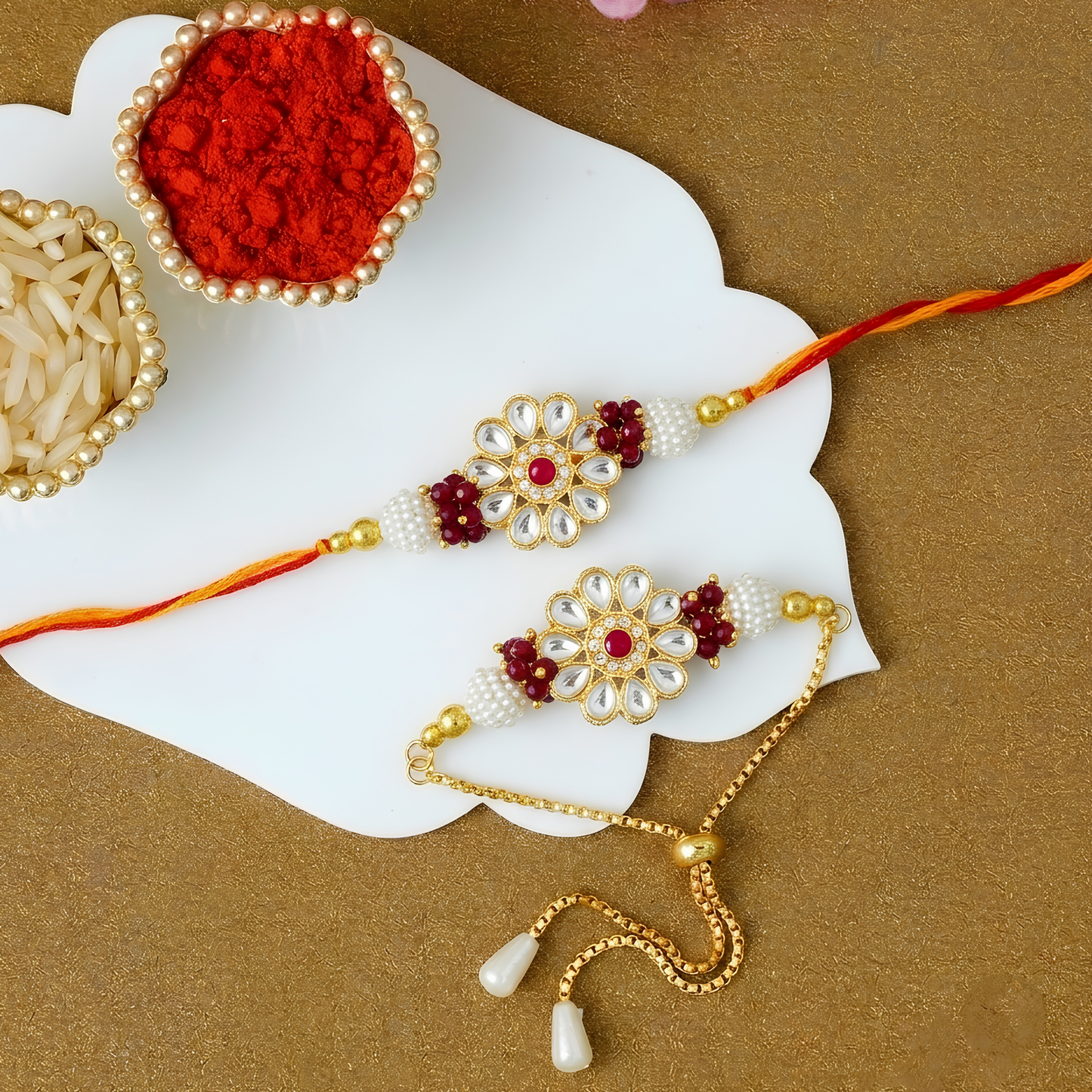 Floral Kundan Rakhi Combo For Bhaiya Bhabhi