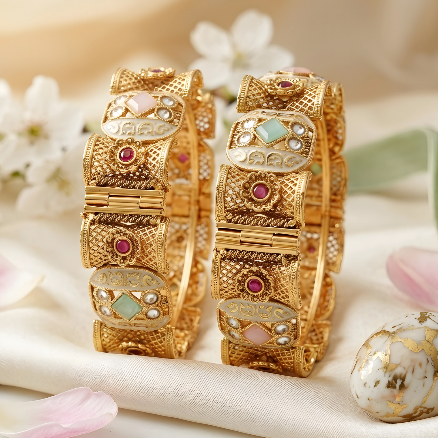 Gold Toned Meenakari Kundan Bangle Set