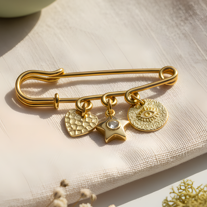 Gold Plated Amulet Safety Pin Charm