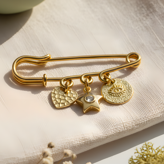 Gold Plated Amulet Safety Pin Charm