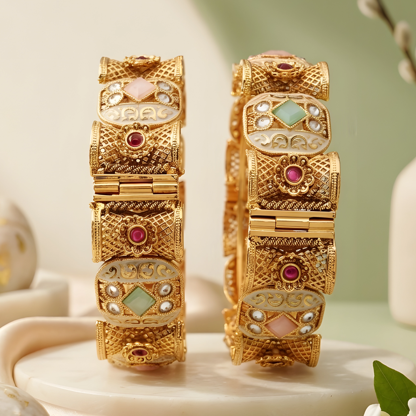 Gold Toned Meenakari Kundan Bangle Set