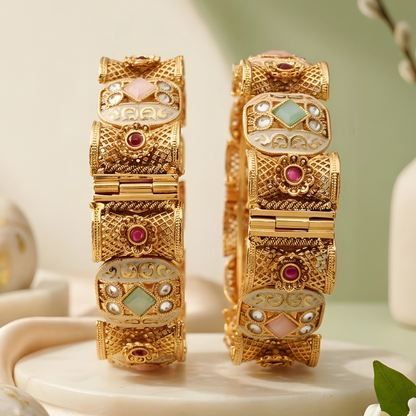 Gold Toned Meenakari Kundan Bangle Set