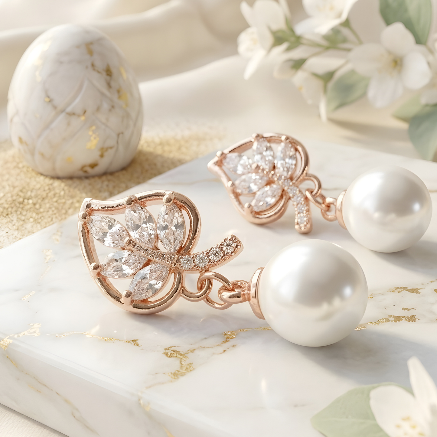 Pearl Bloom Leaf Drop Earrings