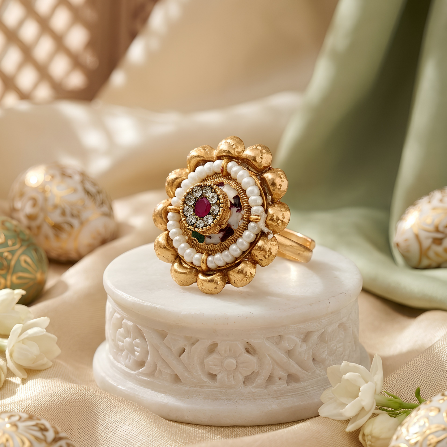 Traditional Floral Pearl Statement Ring
