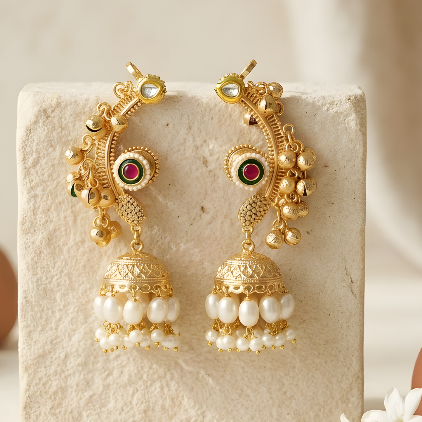 Temple Jhumka Earrings with Pearl Drops