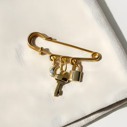 Safety Pin Charm With Moon, Key & Padlock