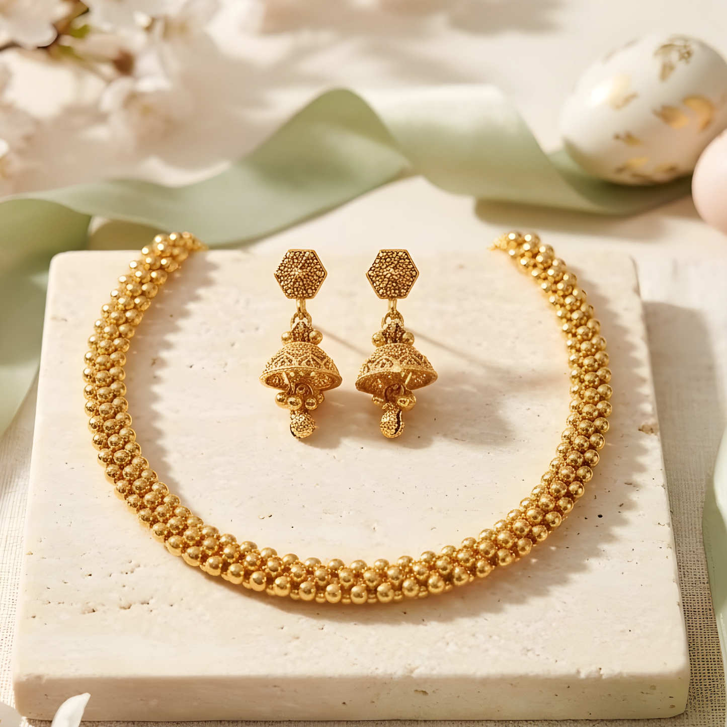 Traditional Gold-Plated Beaded Choker Necklace Set