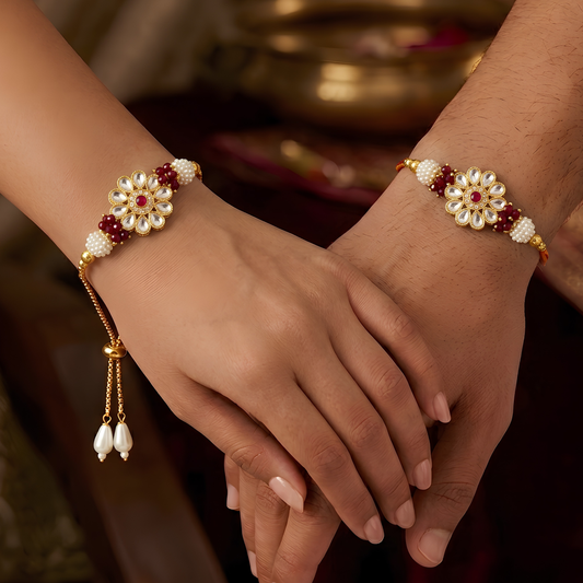 Floral Kundan Rakhi Combo For Bhaiya Bhabhi