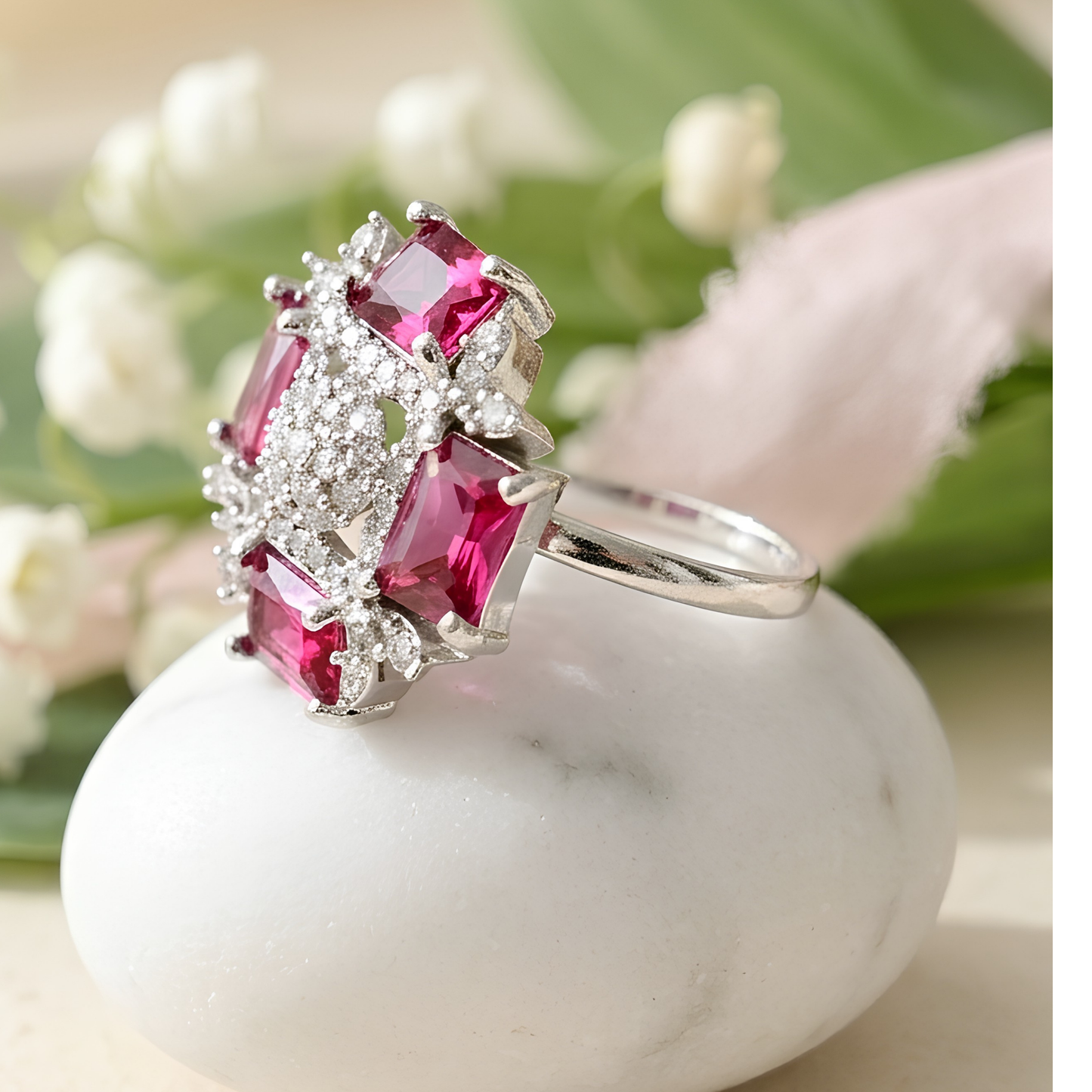 Ruby Pink Princess Cut Statement Ring