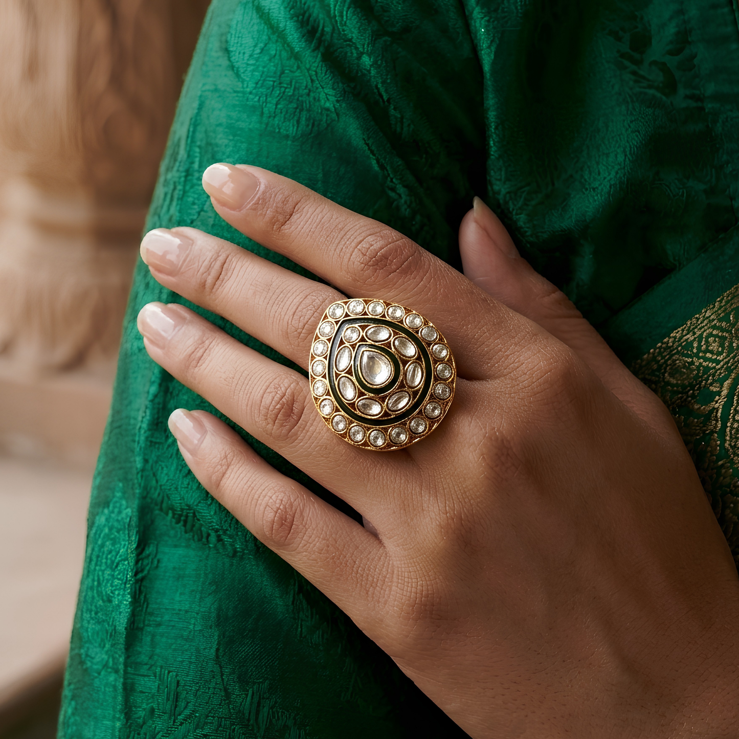 Green Kundan Polki Teardrop Adjustable Ring
