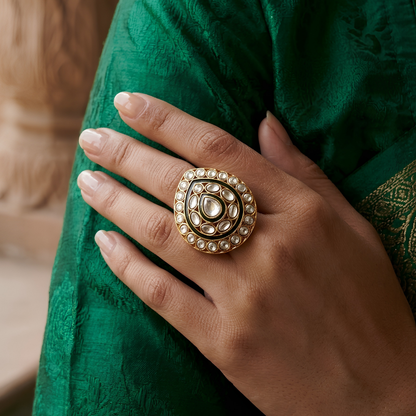Green Kundan Polki Teardrop Adjustable Ring