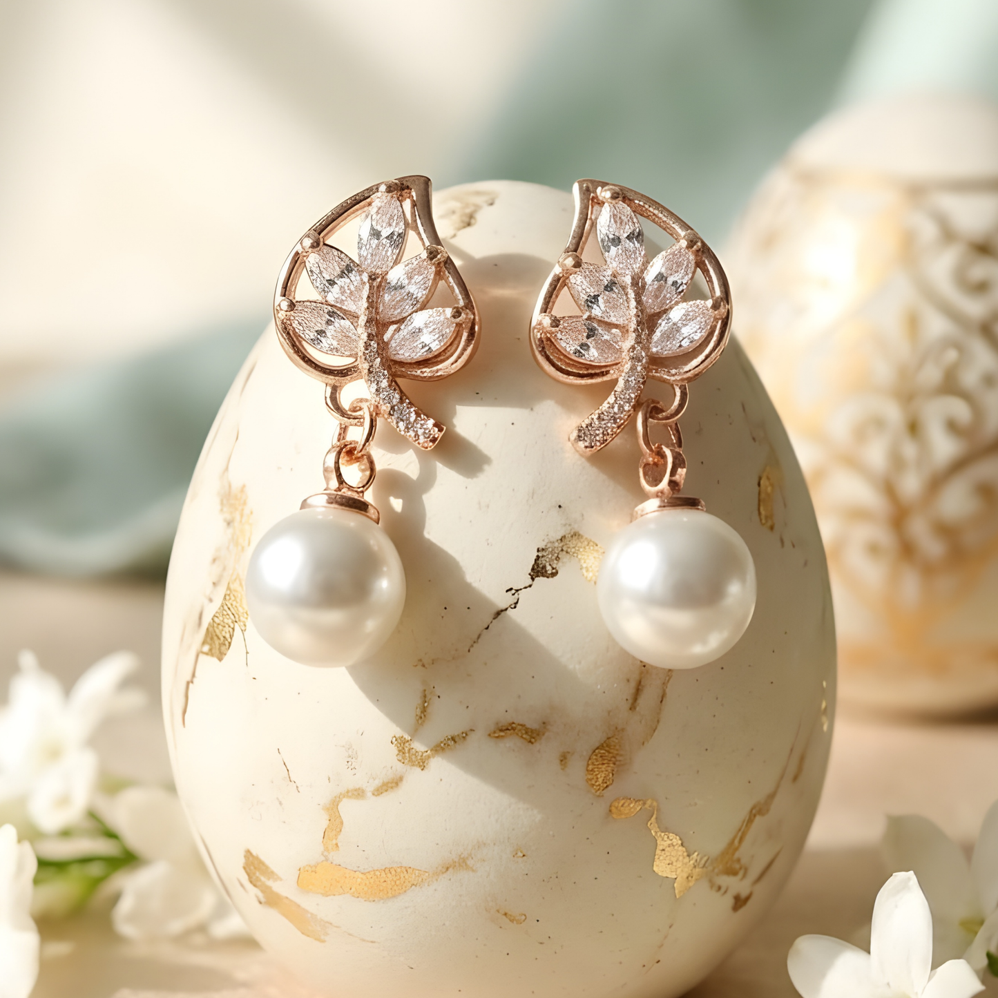 Pearl Bloom Leaf Drop Earrings