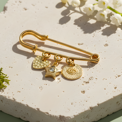 Gold Plated Amulet Safety Pin Charm