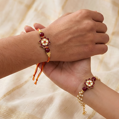 Red Floral Polki Rakhi Set For Bhaiya Bhabhi