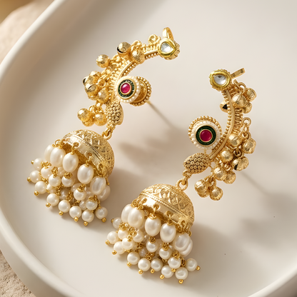 Temple Jhumka Earrings with Pearl Drops