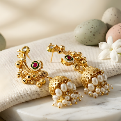 Temple Jhumka Earrings with Pearl Drops