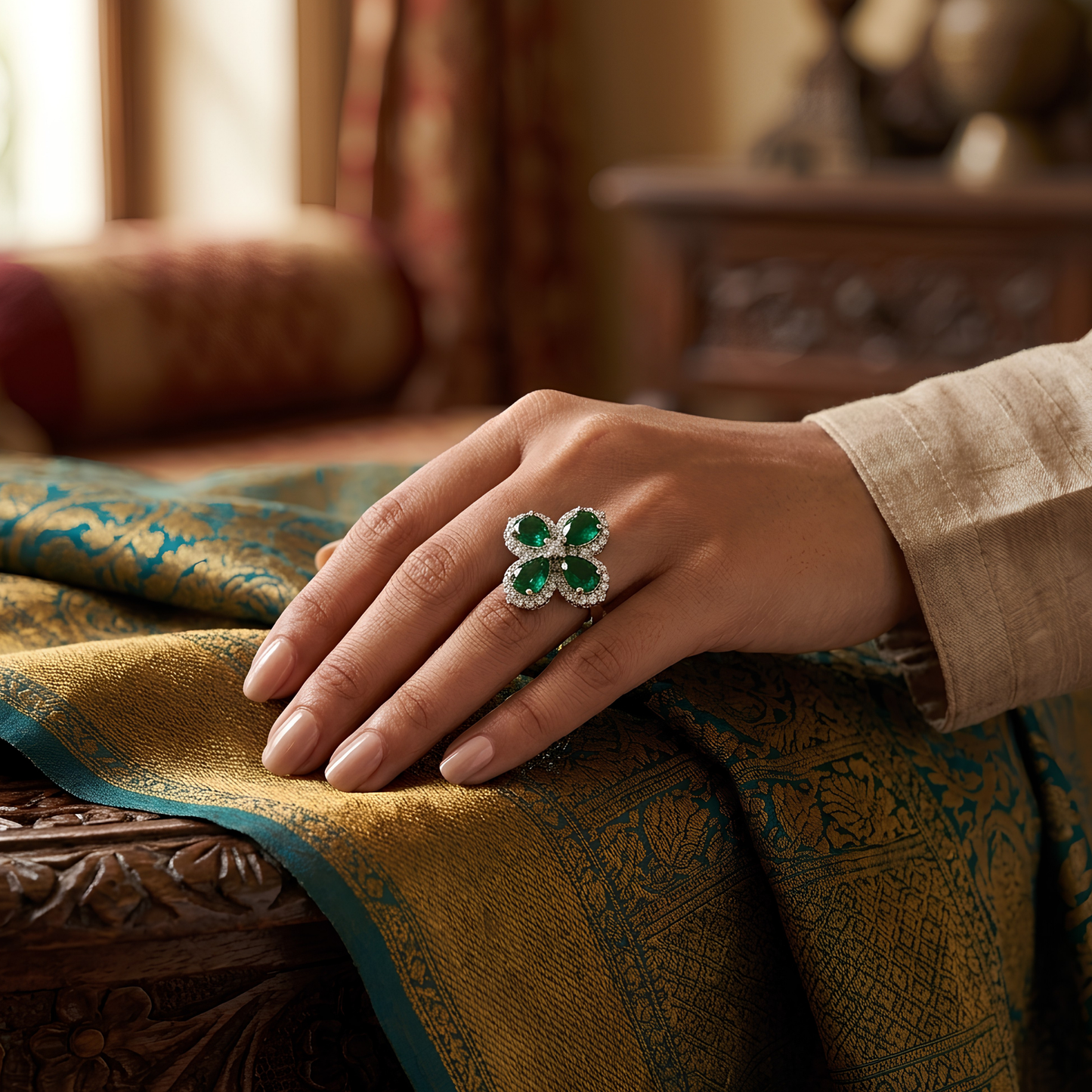 Emerald Green Floral Statement Ring