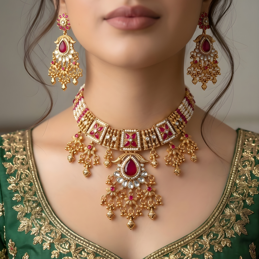 Floral Temple Necklace Set with Jhumka Earrings