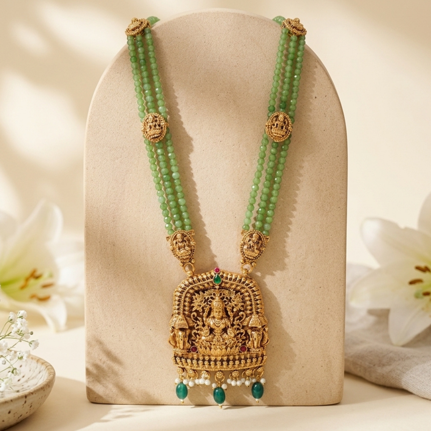 Temple Lakshmi Green Beaded Pendant Necklace Set