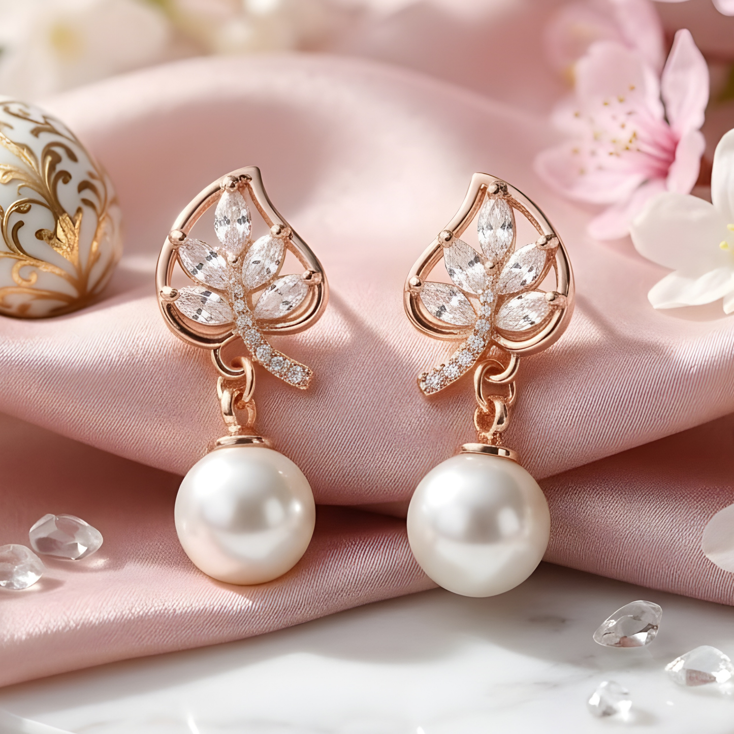 Pearl Bloom Leaf Drop Earrings