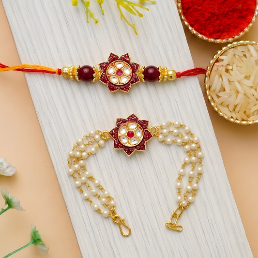 Red Floral Polki Rakhi Set For Bhaiya Bhabhi