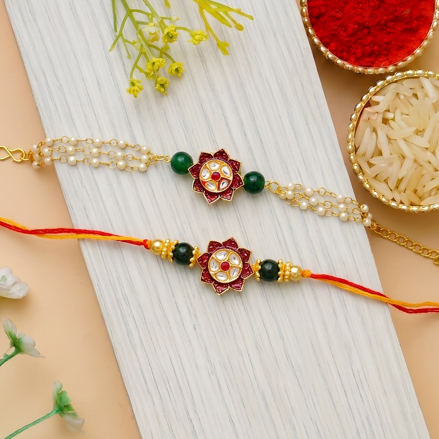 Floral Polki Rakhi Set For Bhaiya Bhabhi
