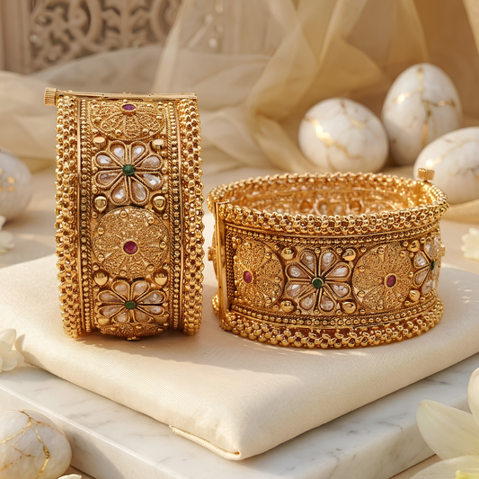 Gold Tone Floral Wide Bangle