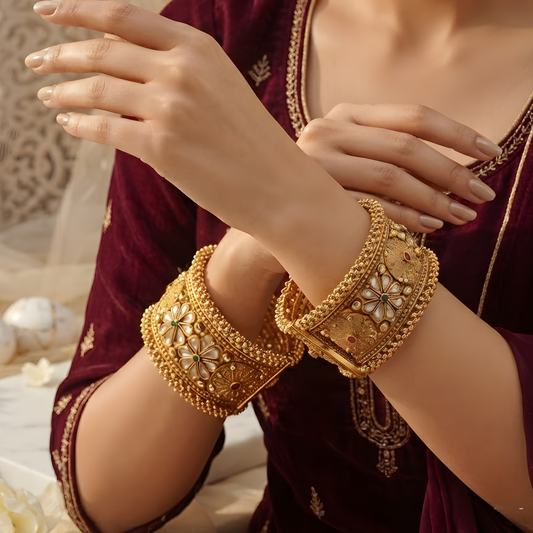 Gold Tone Floral Wide Bangle