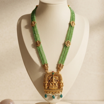 Temple Lakshmi Green Beaded Pendant Necklace Set