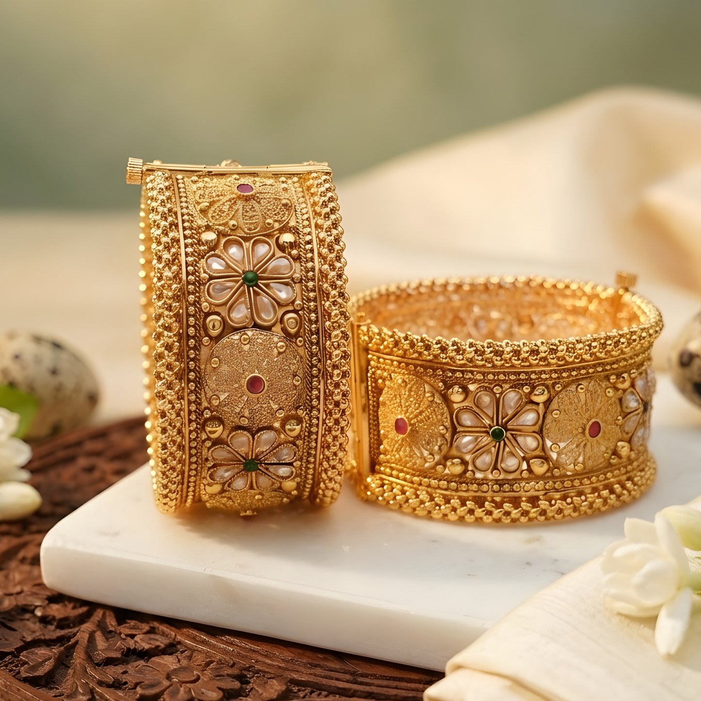 Gold Tone Floral Wide Bangle