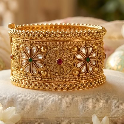 Gold Tone Floral Wide Bangle