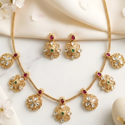 Gold-Plated Floral Necklace Set with Matching Earrings