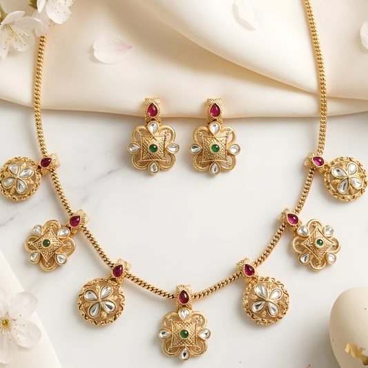 Gold-Plated Floral Necklace Set with Matching Earrings