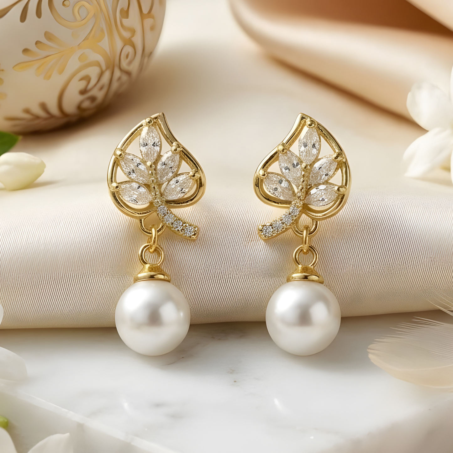 Pearl Bloom Leaf Drop Earrings