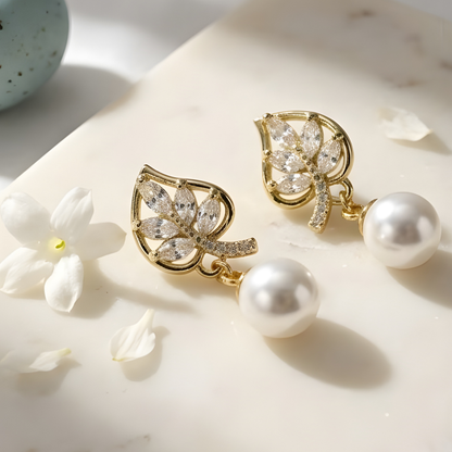 Pearl Bloom Leaf Drop Earrings