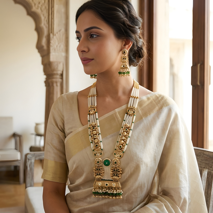 Long Pearl Necklace Set with Big Earrings