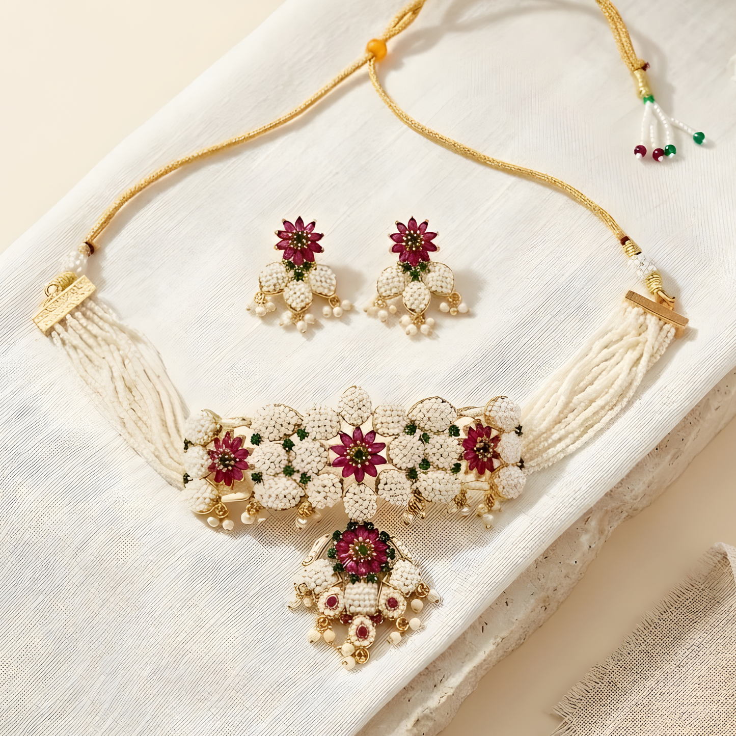 Floral Pearl Choker Necklace With Earrings