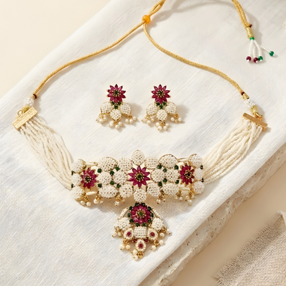 Floral Pearl Choker Necklace With Earrings
