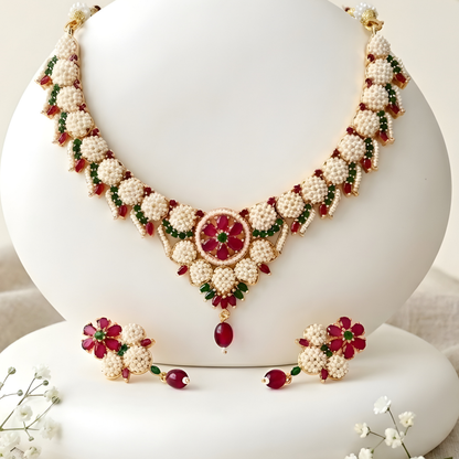 Traditional Rajwadi Pearl Choker Set with Earrings