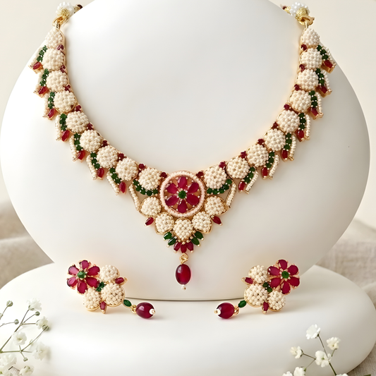 Traditional Rajwadi Pearl Choker Set with Earrings