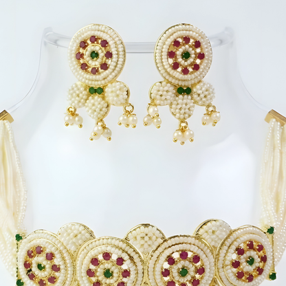 Handcrafted Pearl Choker Necklace Set with Floral Pendant