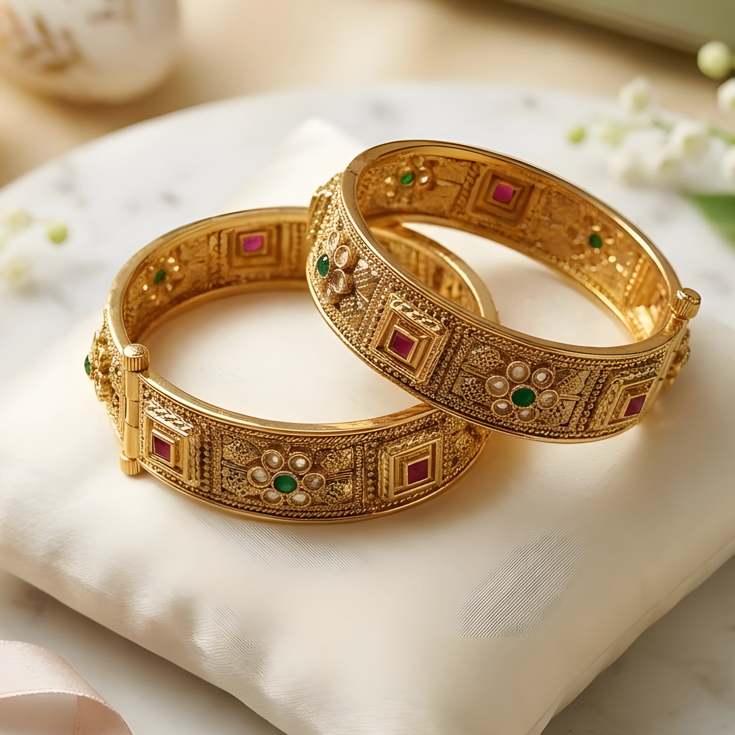 Antique Gold Floral Kundan Kada Bangle