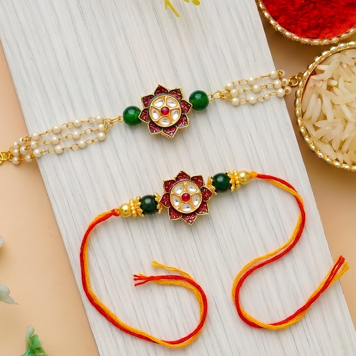 Floral Polki Rakhi Set For Bhaiya Bhabhi